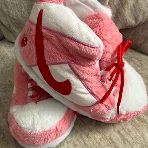 Nike Pink and White Plush Slippers with Red Accents